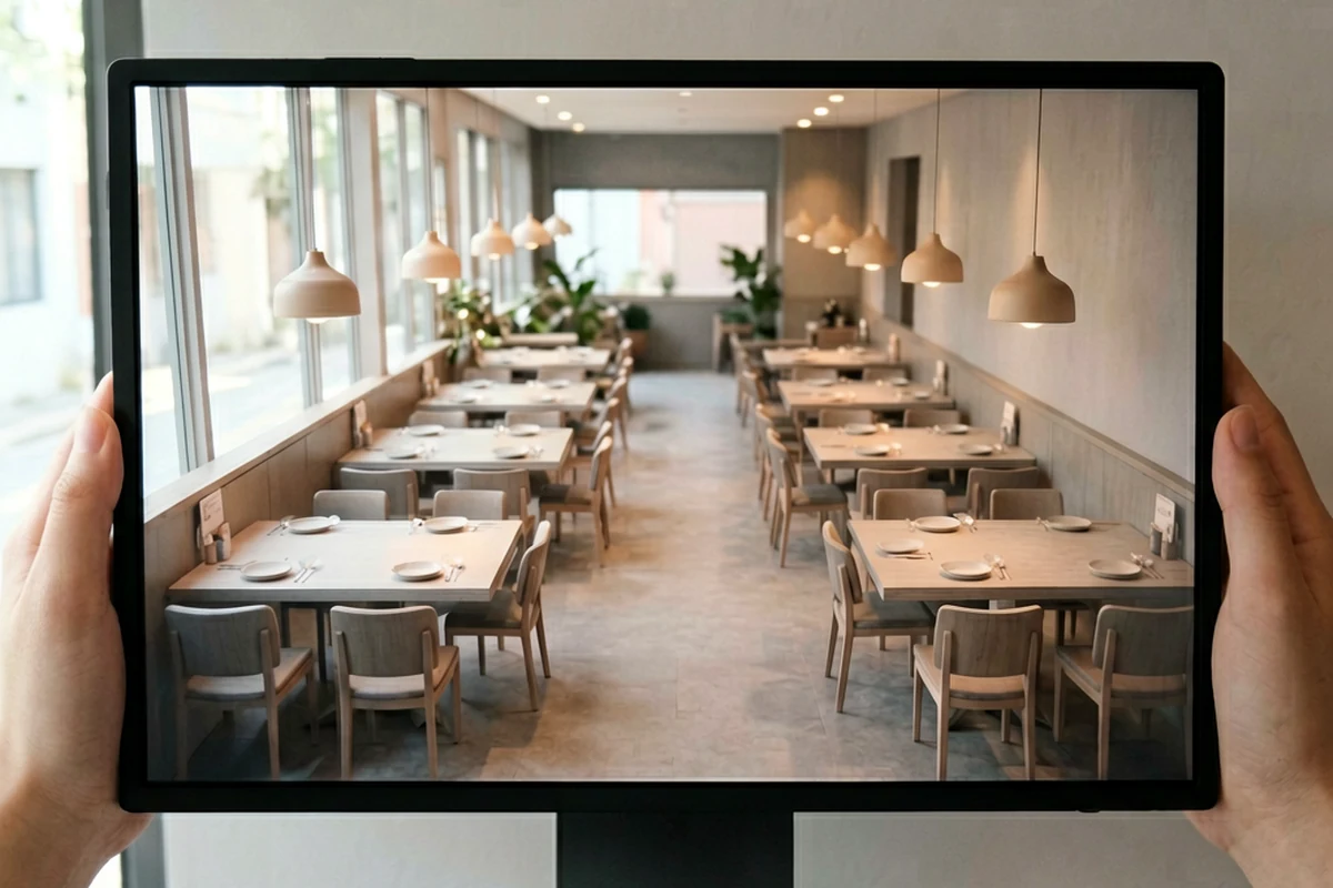 A tablet displaying a photorealistic 3D render of a modern restaurant interior with wooden tables, pendant lighting, and large windows.
