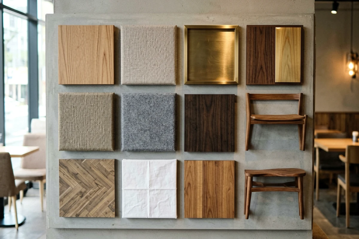 A display of interior design material samples including wood grains, fabric textures, and metal finishes mounted on a wall, alongside small wooden furniture models.