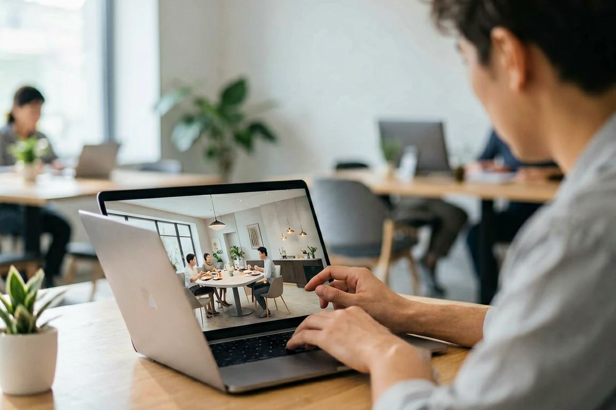 A man working on a laptop displaying a 3D render of a modern restaurant interior, illustrating remote hospitality design services.