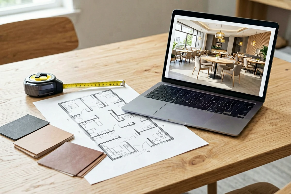 A wooden desk displaying architectural floor plans, material samples, a tape measure, and a laptop showing a 3D rendering of a modern restaurant interior.