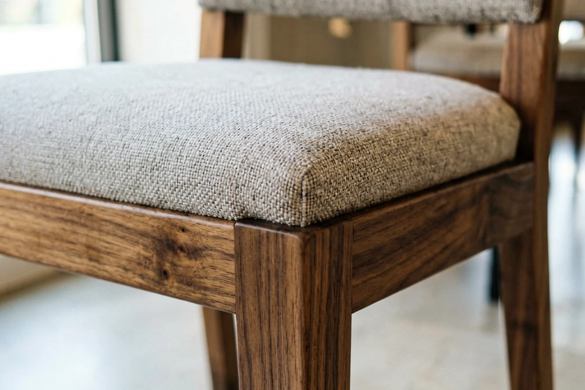 Close-up of a wooden restaurant chair with a textured fabric seat cushion, designed for hospitality settings.