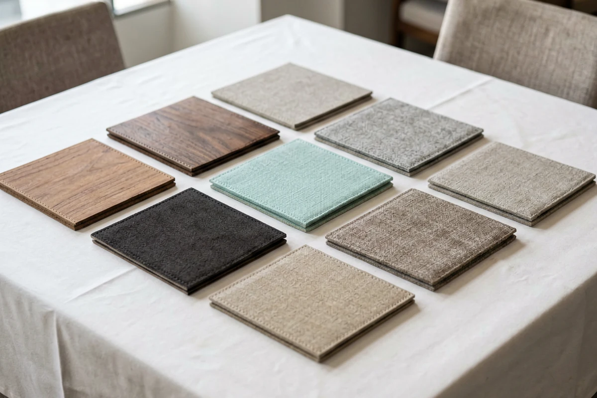 A flat lay of various square material samples including wood, fabric, and textured surfaces arranged on a white tablecloth, showcasing options for restaurant booth seating and interior design.