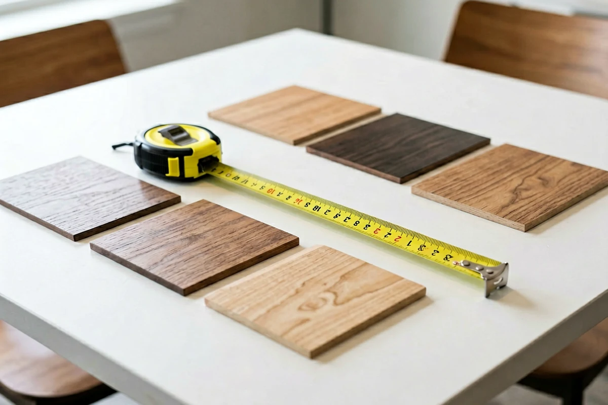 Wood samples of various shades arranged on a white table with a yellow measuring tape, ideal for restaurant booth seating material selection.