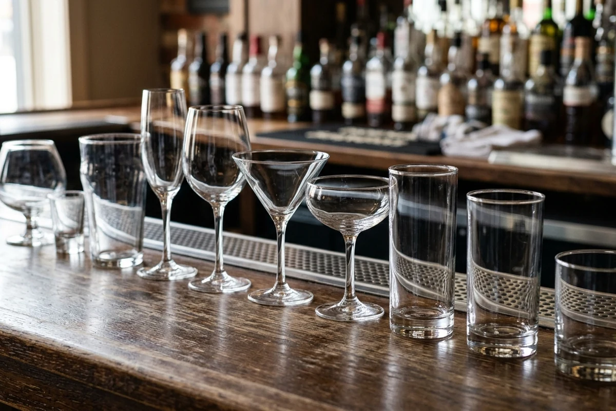 A variety of clean bar glassware lined up on a wooden counter with liquor bottles in the background.