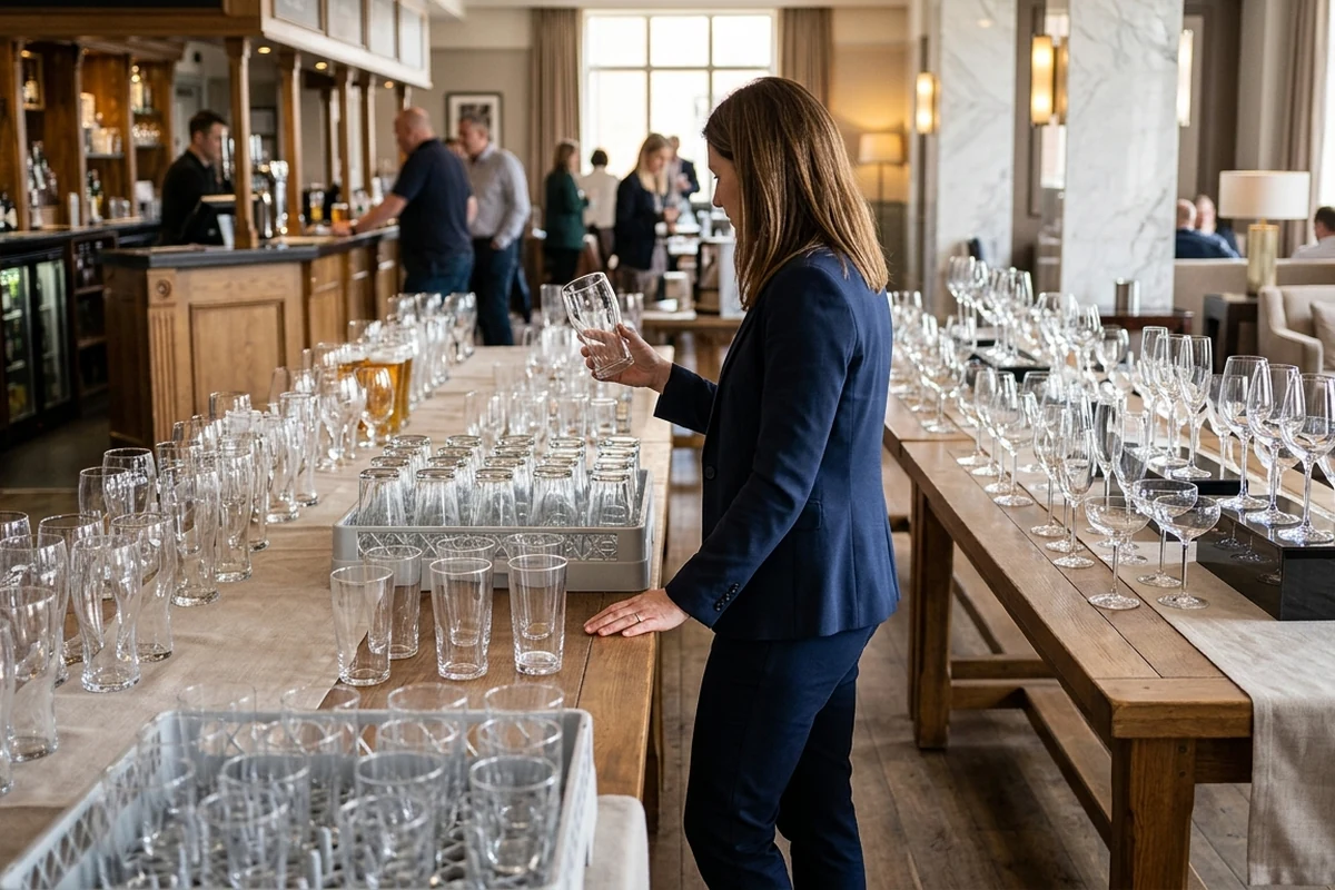 A professional woman in a navy suit inspects various types of clean bar glassware arranged on long wooden tables in a hospitality setting.