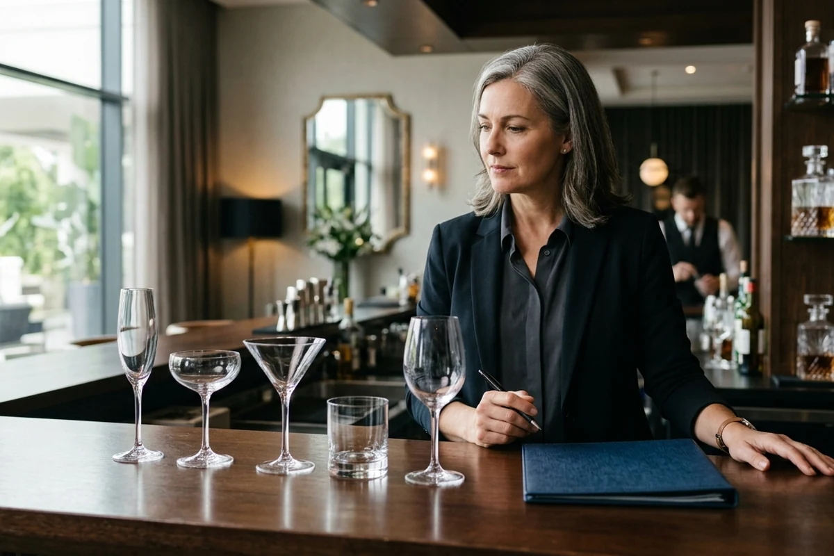 Professional woman reviewing bar glassware types at a modern restaurant counter with wine, martini, and tumbler glasses arranged for study.