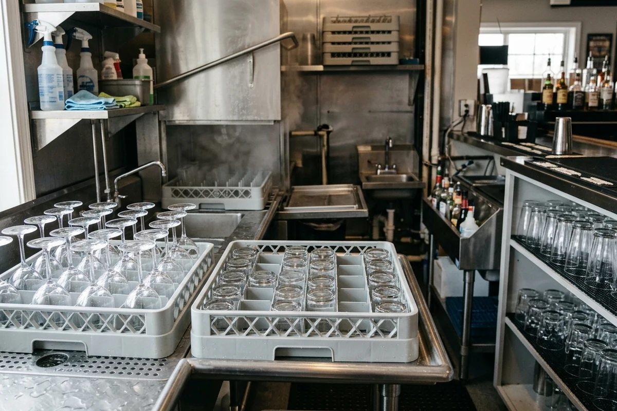 Rows of clean wine glasses and tumblers drying in grey plastic racks on a stainless steel counter in a professional bar back-of-house area.