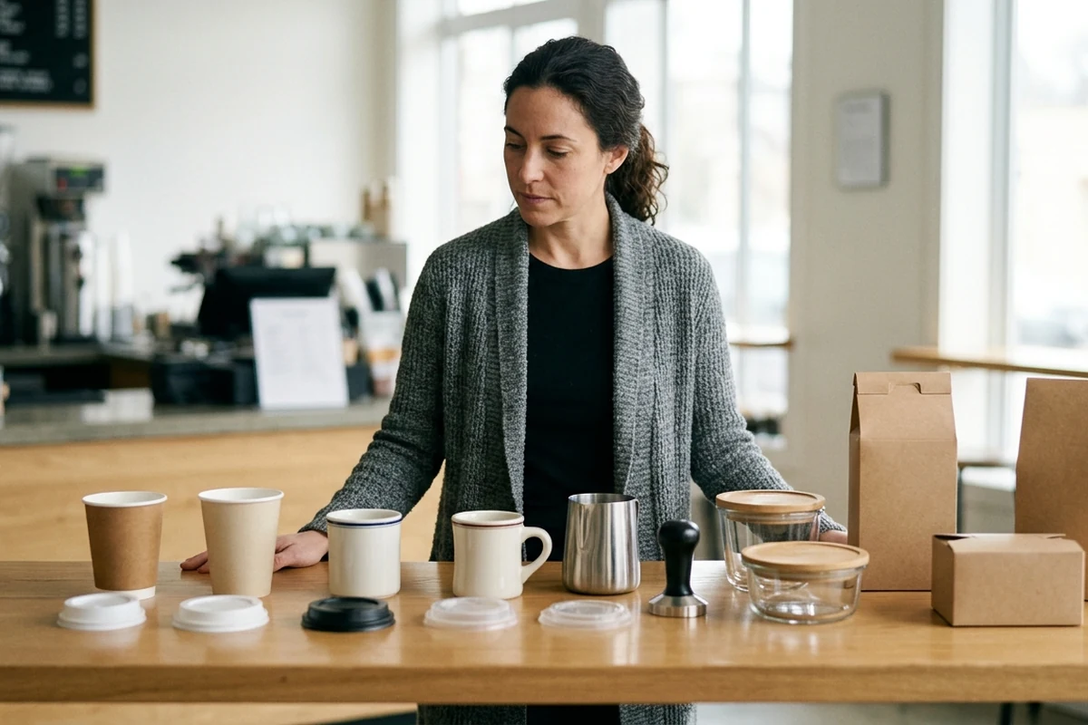 A woman stands behind a wooden counter displaying an organized assortment of cafe supplies including paper cups, ceramic mugs, glass jars, a metal pitcher, a tamper, and brown cardboard packaging boxes, illustrating a replenishment-ready procurement package.