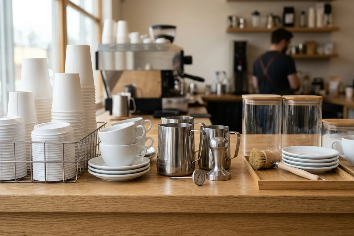 A variety of cafe supplies including stacked cups, saucers, metal pitchers, and glass jars arranged on a wooden counter with a barista working in the background.