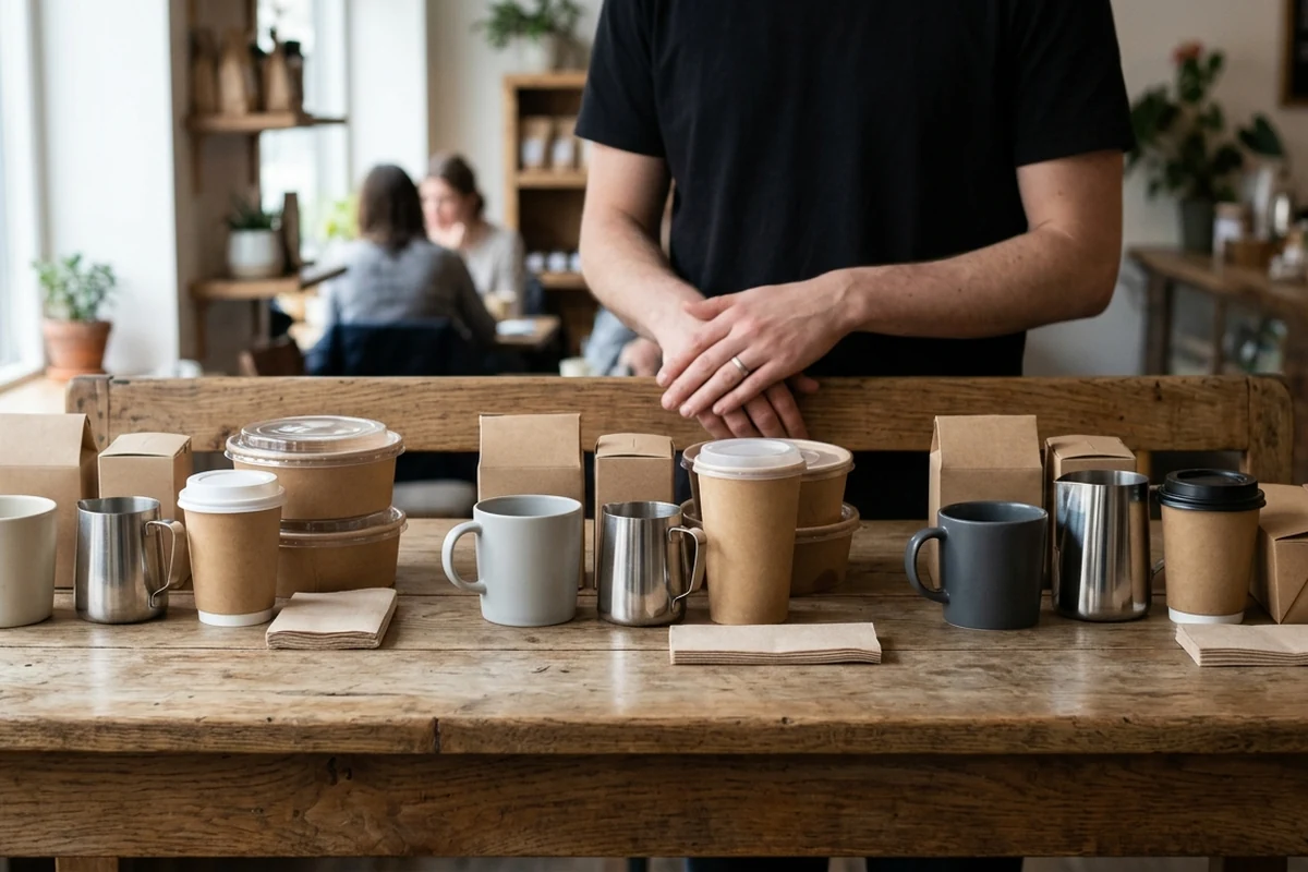 A variety of cafe supplies including paper cups, ceramic mugs, metal pitchers, takeaway containers, and napkins arranged on a wooden table with a staff member standing behind.
