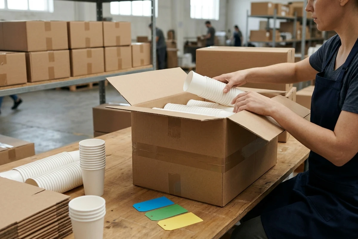A worker in a warehouse packing stacks of white paper cups into a cardboard box for wholesale distribution.