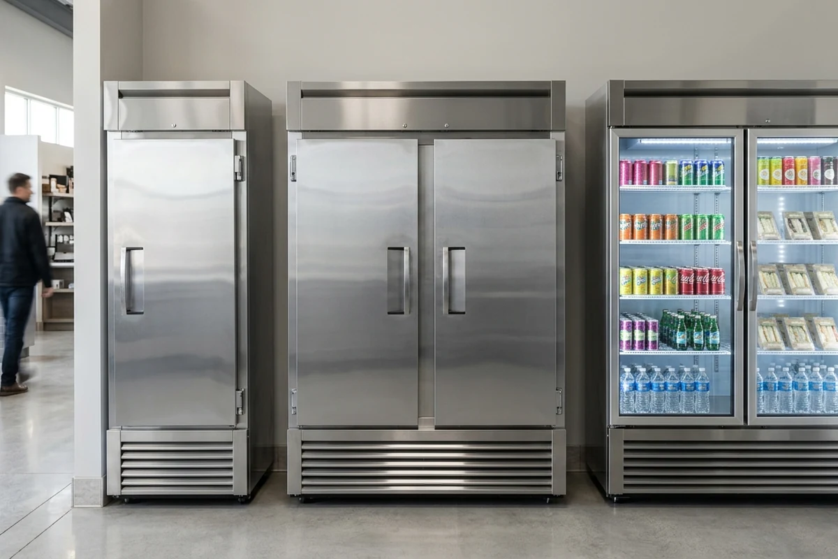 A row of three different types of commercial refrigerators in a modern facility: a single-door stainless steel unit, a double-door stainless steel unit, and a glass-door beverage display case stocked with drinks.