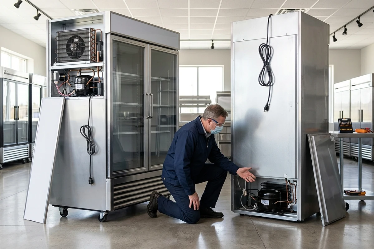 A technician in a blue uniform and mask kneels between two large commercial refrigerators with their back panels removed, inspecting the internal compressor and cooling coils.