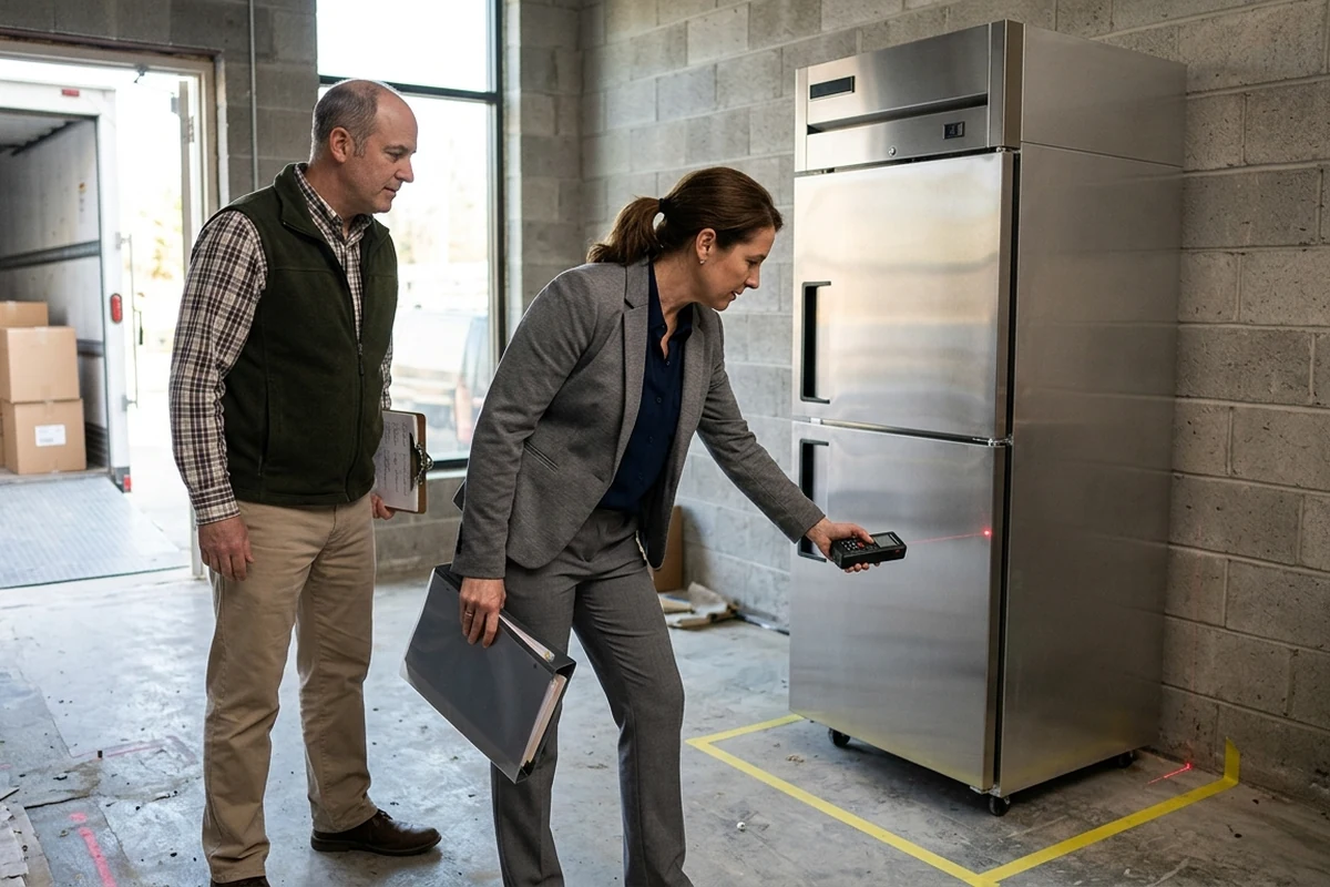 A business professional and a facility manager inspecting a large stainless steel commercial refrigerator in a warehouse setting.