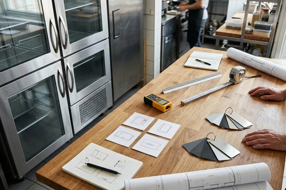 A wooden table in a commercial kitchen displays blueprints, material samples, and measuring tools next to stainless steel refrigerators, illustrating the planning phase for equipment selection.