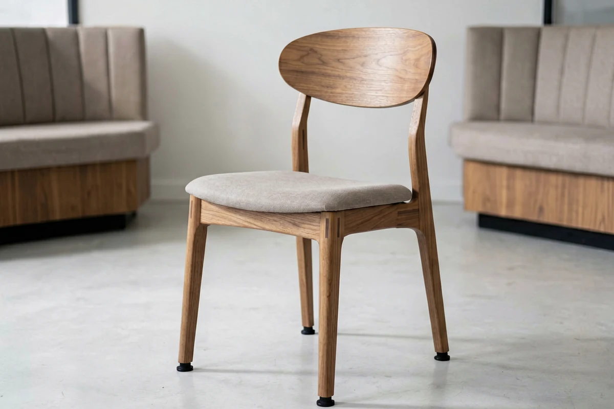 Modern commercial dining chair with light oak wood frame and beige upholstered seat, suitable for restaurant or hotel use.