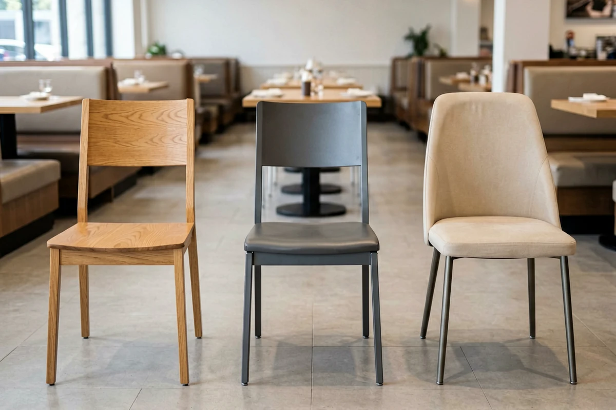 Three different styles of commercial dining chairs lined up in a restaurant setting: a wooden chair, a grey upholstered chair, and a beige upholstered chair.