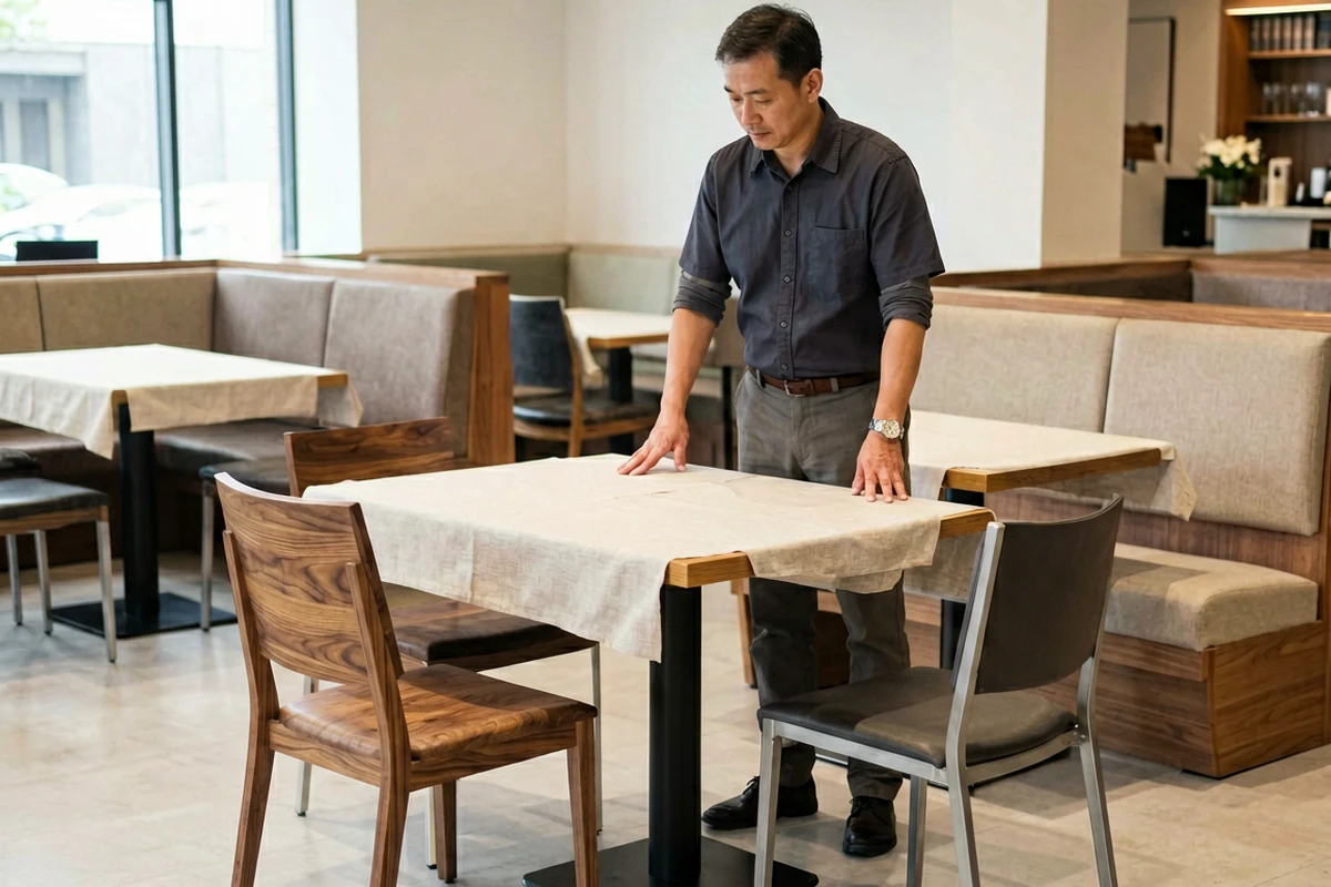 Restaurant manager adjusting table linen in a modern dining area featuring wooden chairs and booth seating.