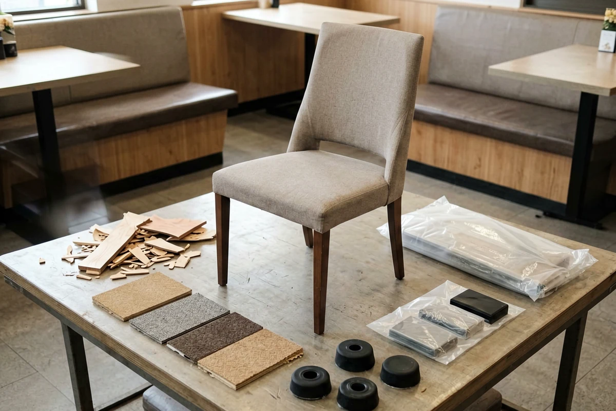 A beige commercial dining chair placed on a work table surrounded by wood samples, fabric swatches, and hardware components for restaurant procurement.