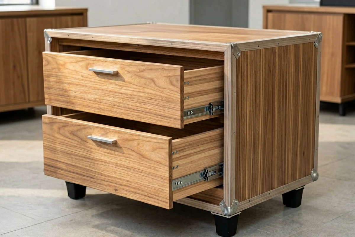 Close-up of a custom wooden hotel luggage rack with two open drawers featuring metal hardware and industrial-style corner protectors.