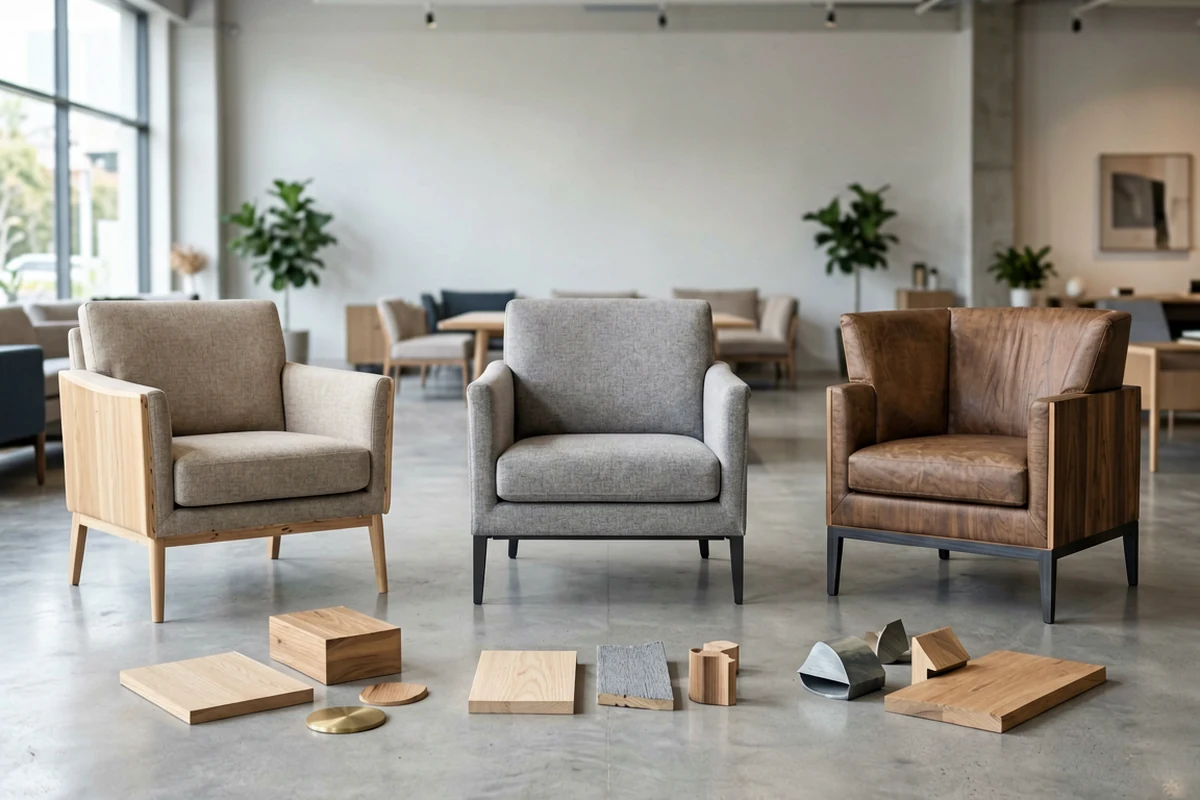 Three distinct styles of custom lounge chairs displayed in a modern showroom with material samples on the floor.