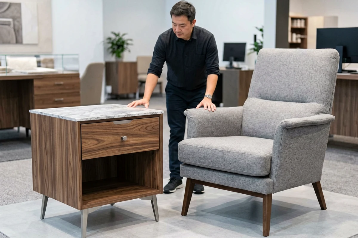 A man inspecting a modern grey upholstered armchair and a walnut side table with marble top in a hotel furniture showroom.