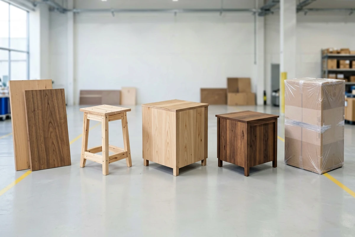 A row of custom wooden furniture pieces including stools, cabinets, and raw panels arranged on a warehouse floor, representing the manufacturing process for a hotel.