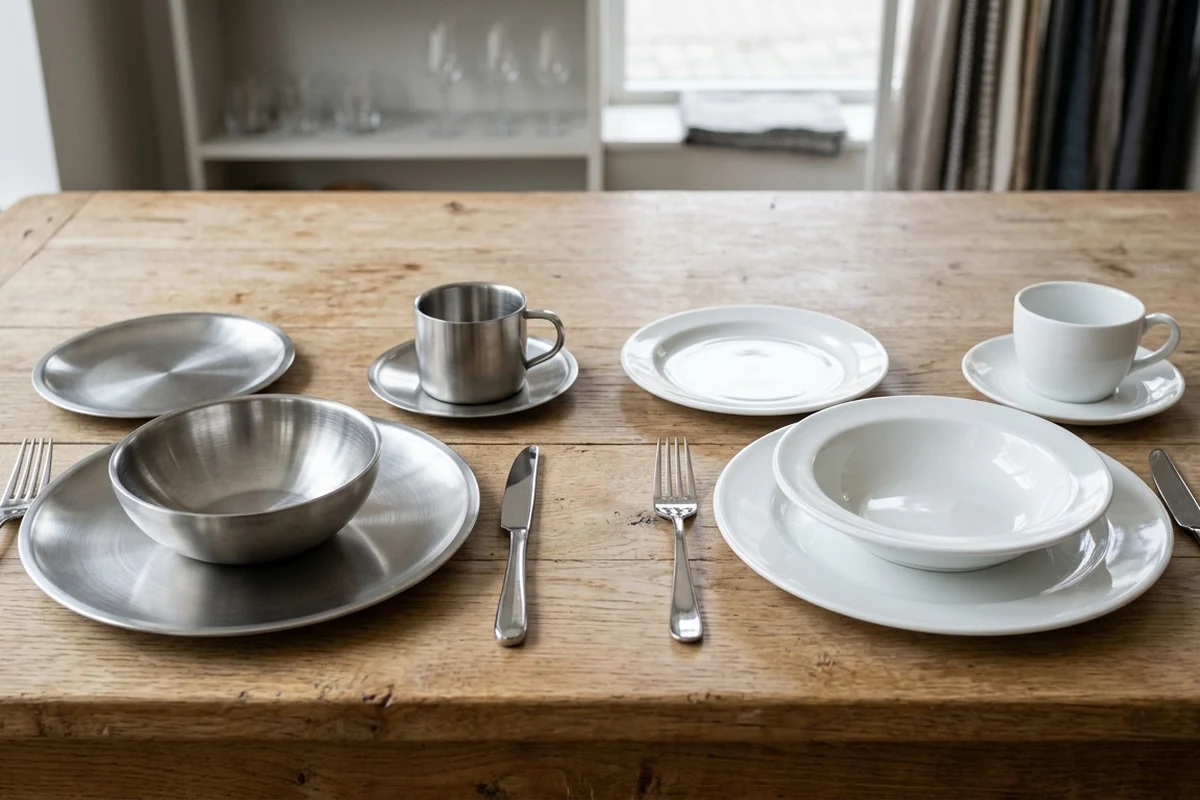 Side-by-side comparison of stainless steel and white ceramic tableware on a wooden table.