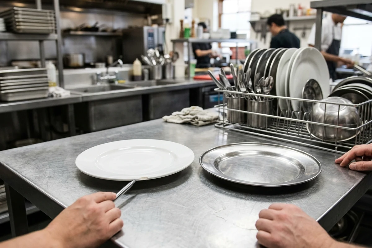 Side-by-side comparison of a ceramic plate and a stainless steel plate on a commercial kitchen prep table.