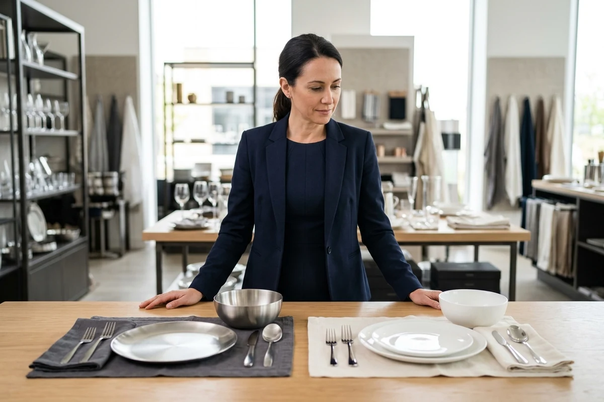 Woman in business attire comparing stainless steel and ceramic place settings on a wooden table.