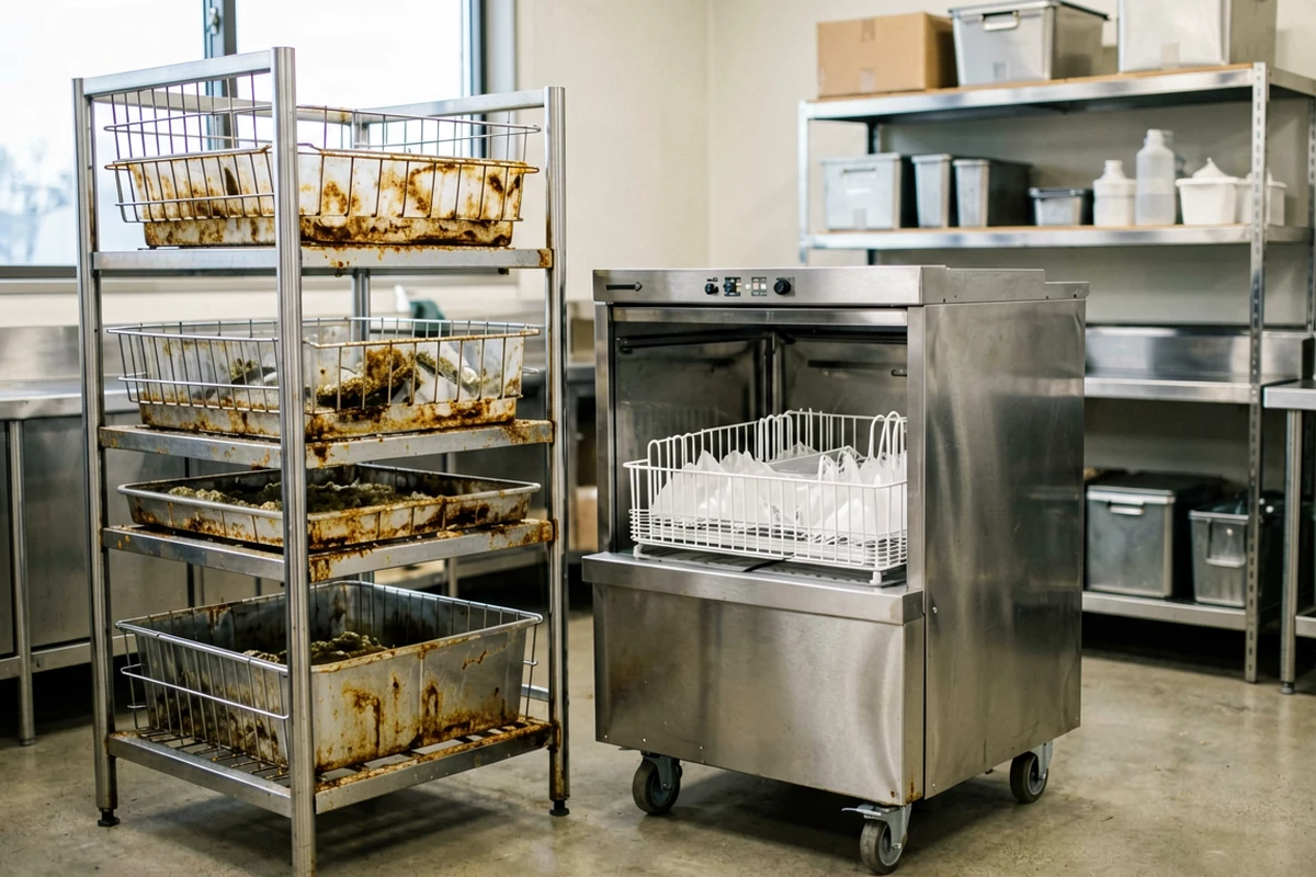 A commercial dishwashing station featuring a stainless steel conveyor dishwasher loaded with clean white racks next to a tall metal cart holding dirty, food-stained trays.