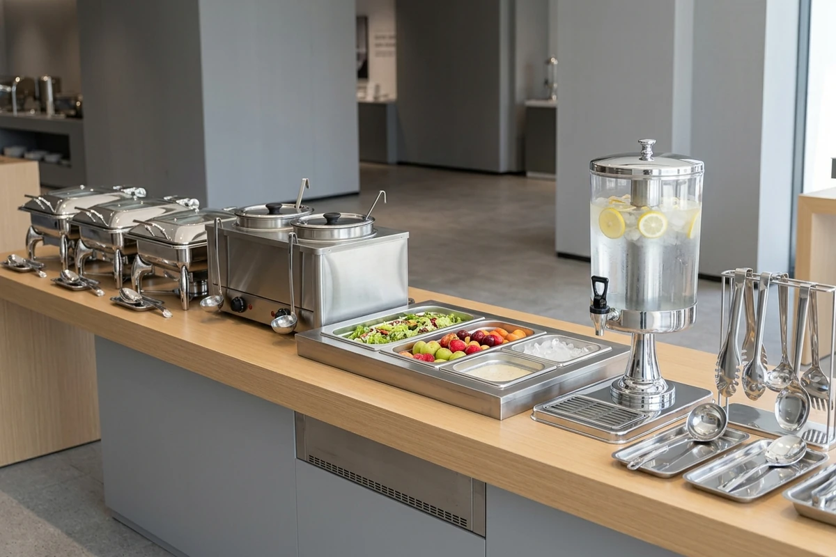 Buffet equipment lineup with hot holding, cold display, beverage, and serving items.
