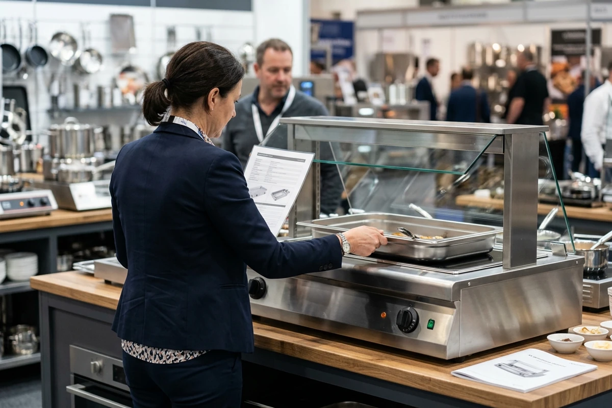 Buyer checking buffet equipment fit, clearance, and service access.