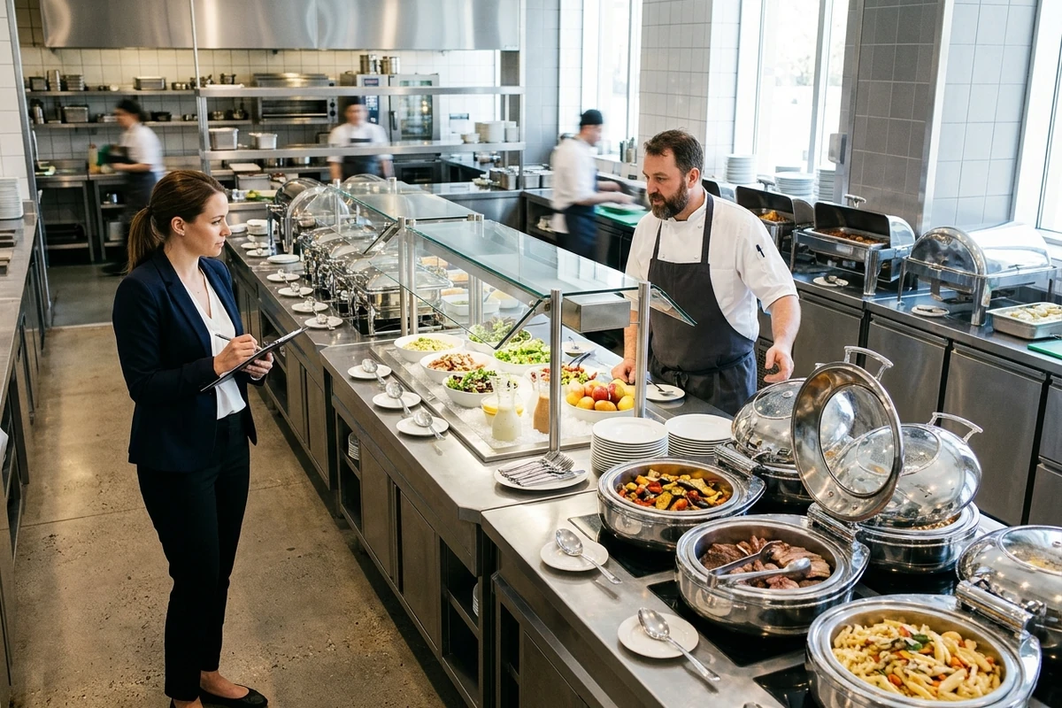 Hospitality procurement team reviewing a complete buffet equipment line.