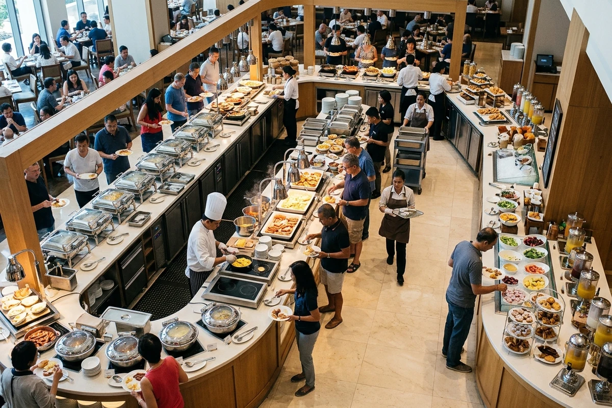 Buffet service layout separating guest flow from replenishment access.