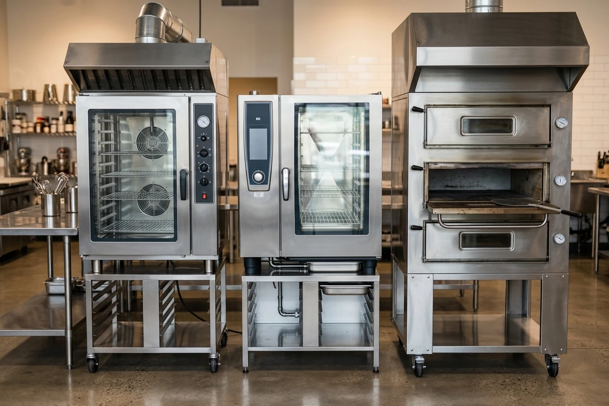 Convection, combination, and deck ovens displayed side by side.