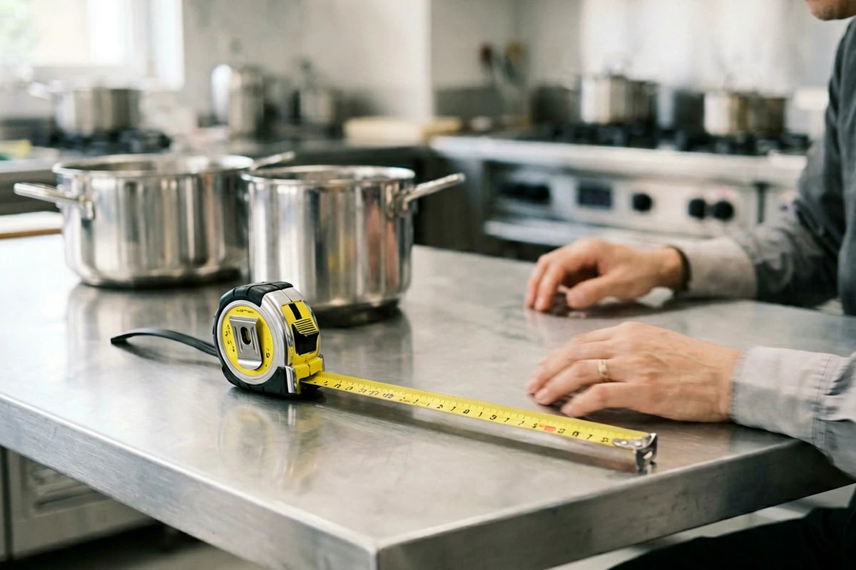 Buyer measuring commercial kitchen equipment before installation.