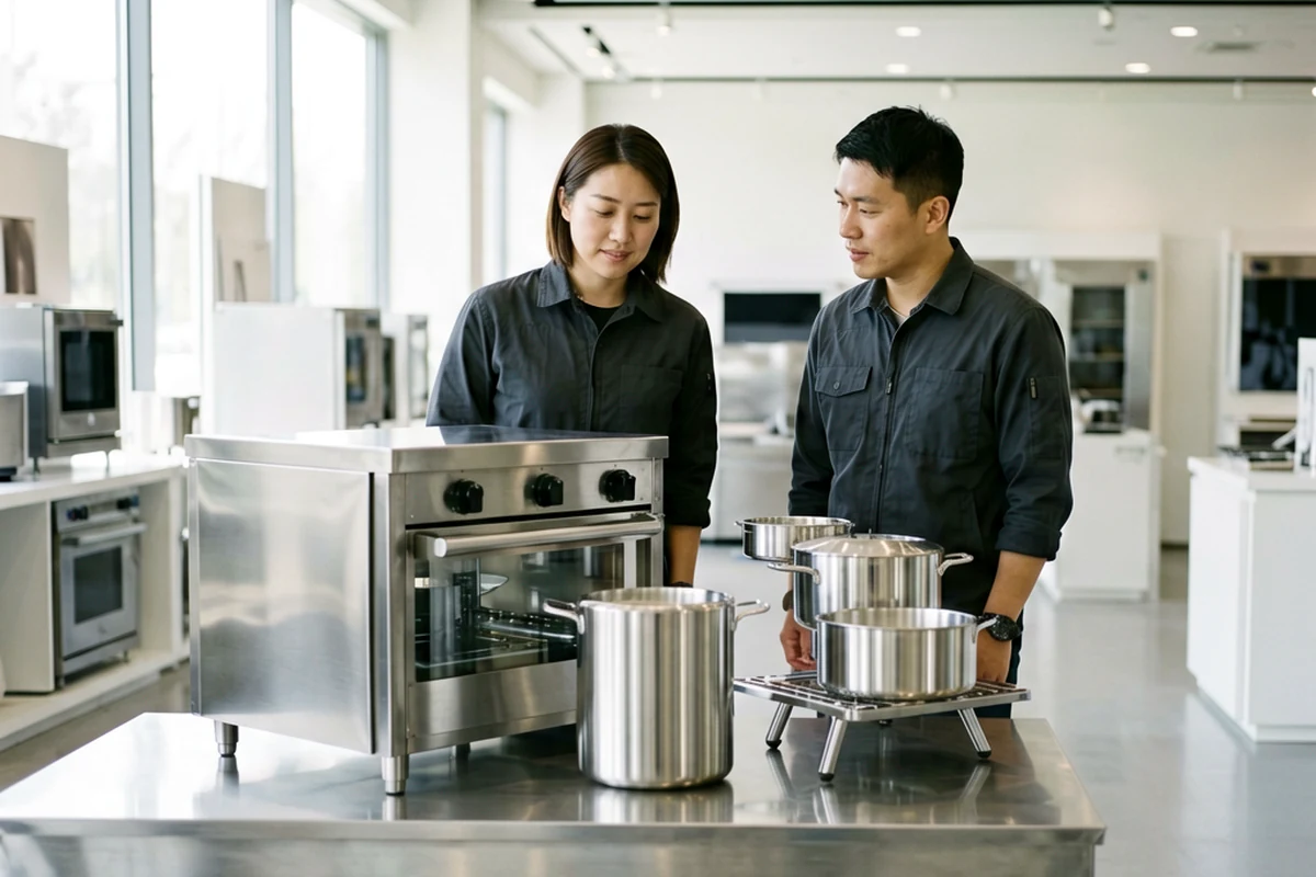 Restaurant team inspecting a stainless steel commercial oven.