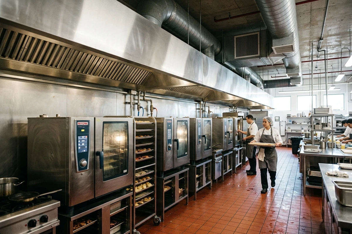 Commercial kitchen equipment arranged in a practical workflow layout.