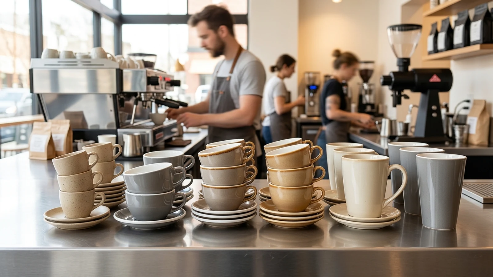 A range of commercial coffee mugs and cups displayed for capacity and material comparison.