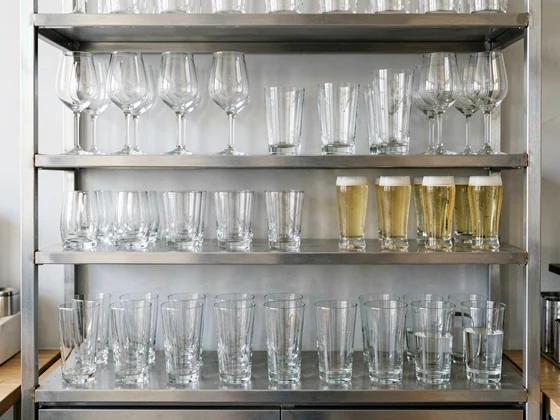 Commercial mugs organized on shelving to support par-level and replenishment decisions.