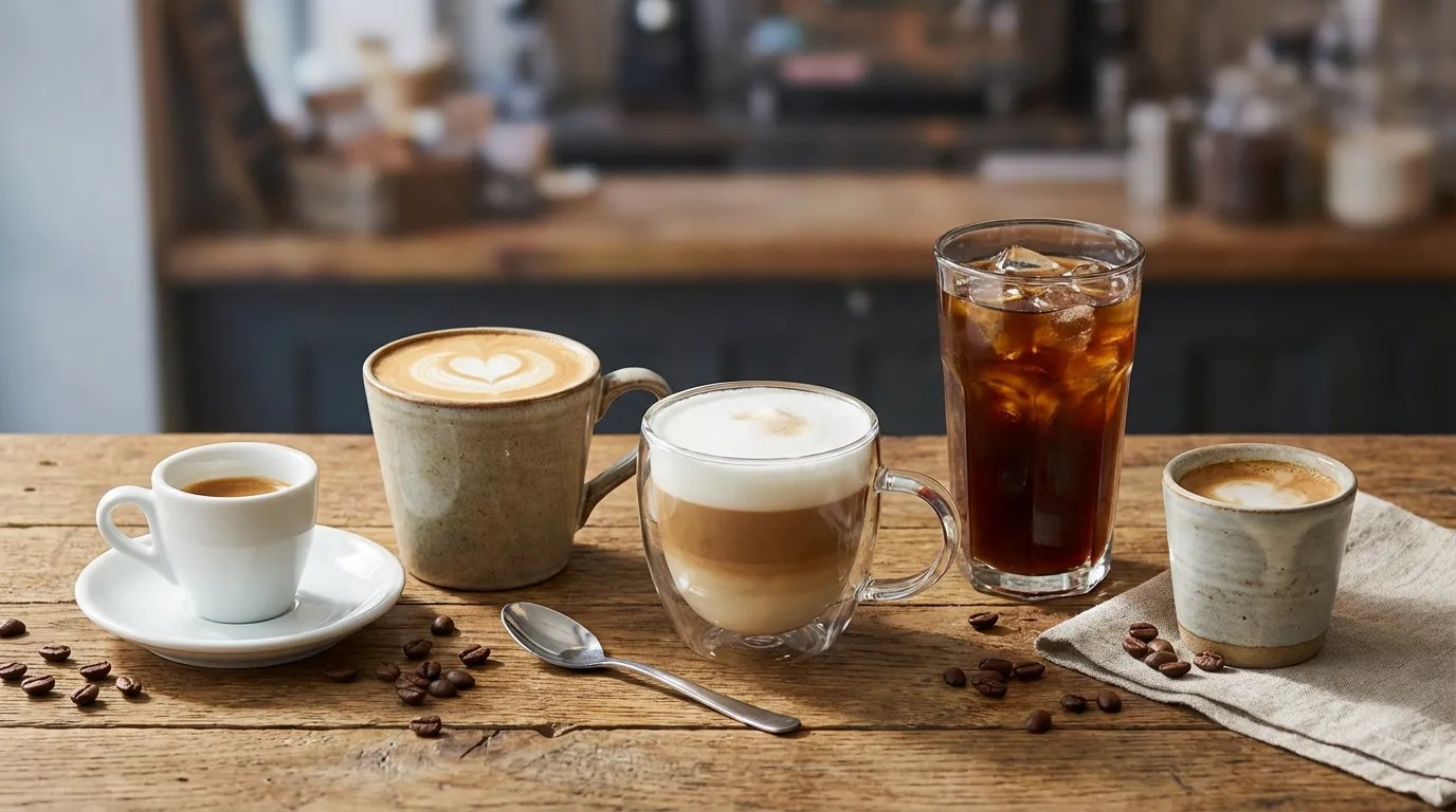 Commercial coffee cups and mugs shown in a cafe service setting.