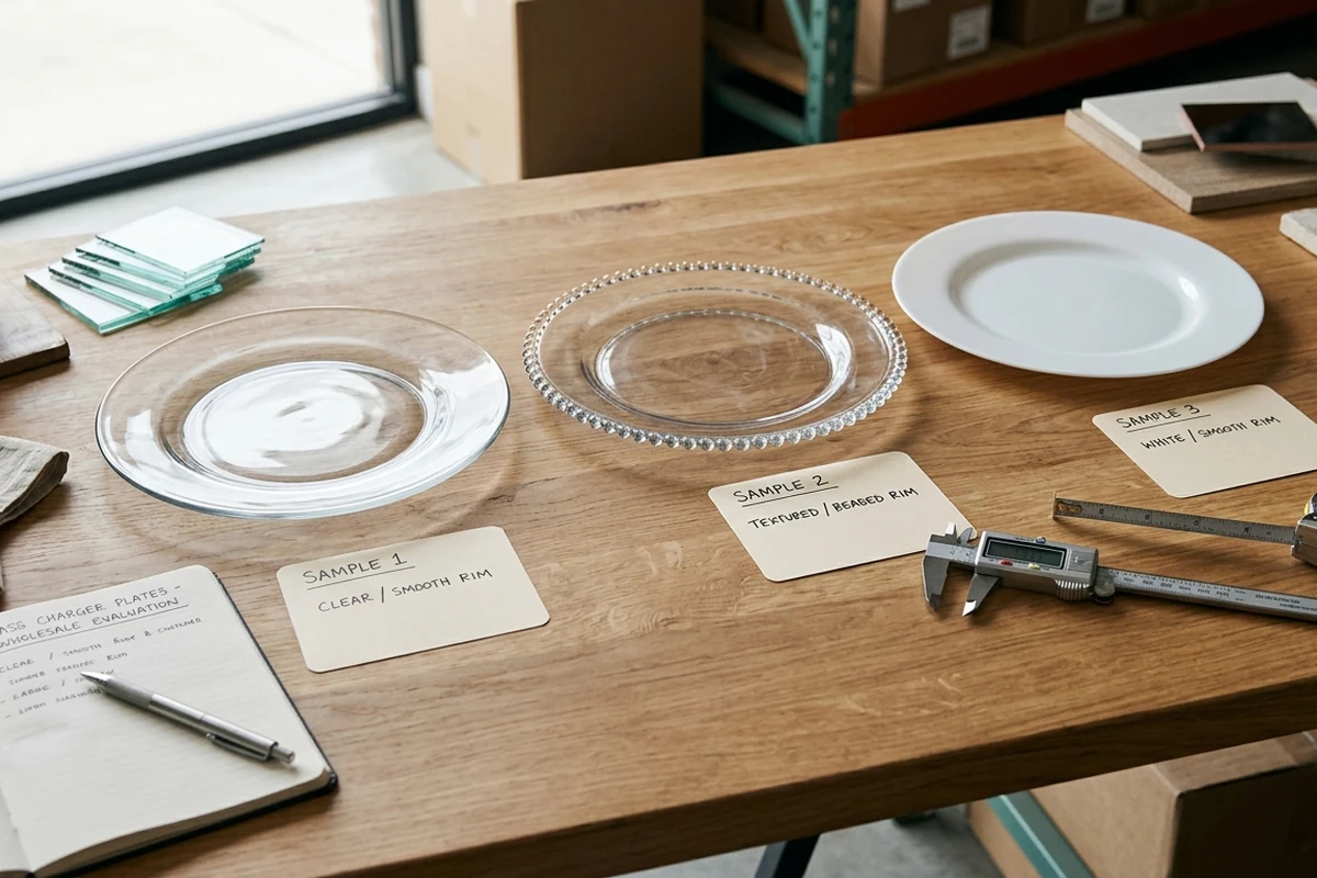 Three plate samples and measuring tools arranged for a wholesale evaluation.