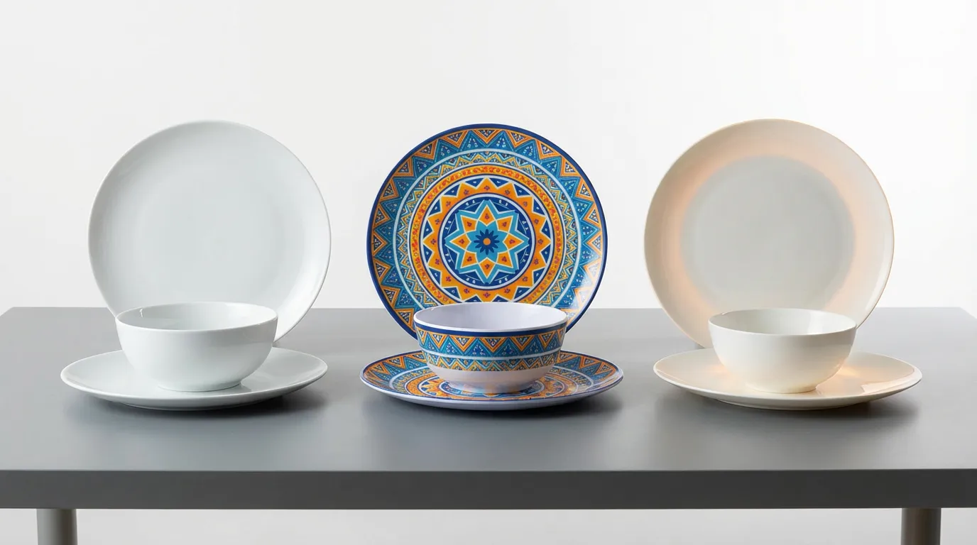 Hospitality tableware materials shown side by side.