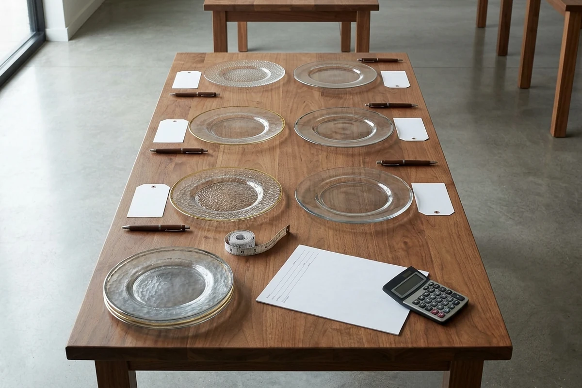 Tableware samples arranged with measuring tools for procurement evaluation.