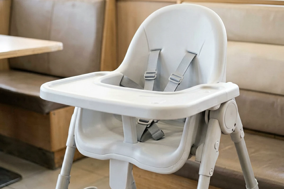 White adjustable high chair with safety straps positioned in a restaurant booth setting.