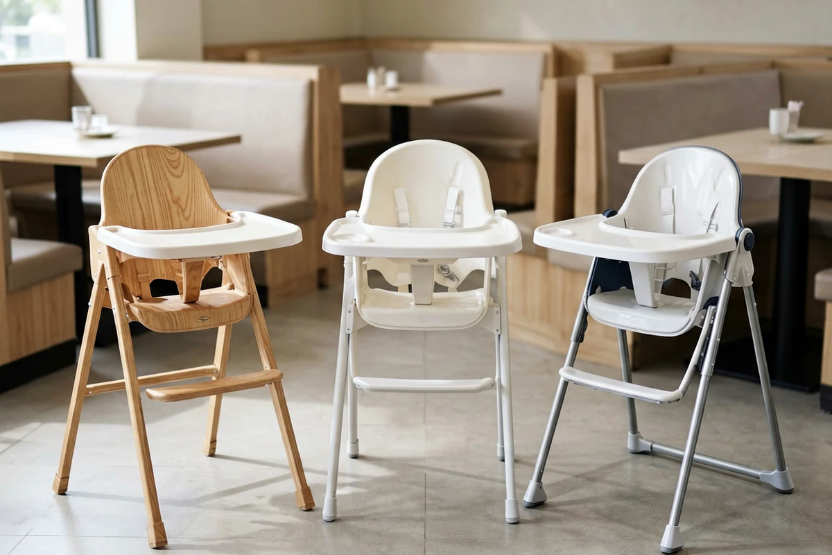 Three different styles of high chairs displayed in a modern restaurant setting, including a wooden model, a white plastic model, and a foldable metal frame model.