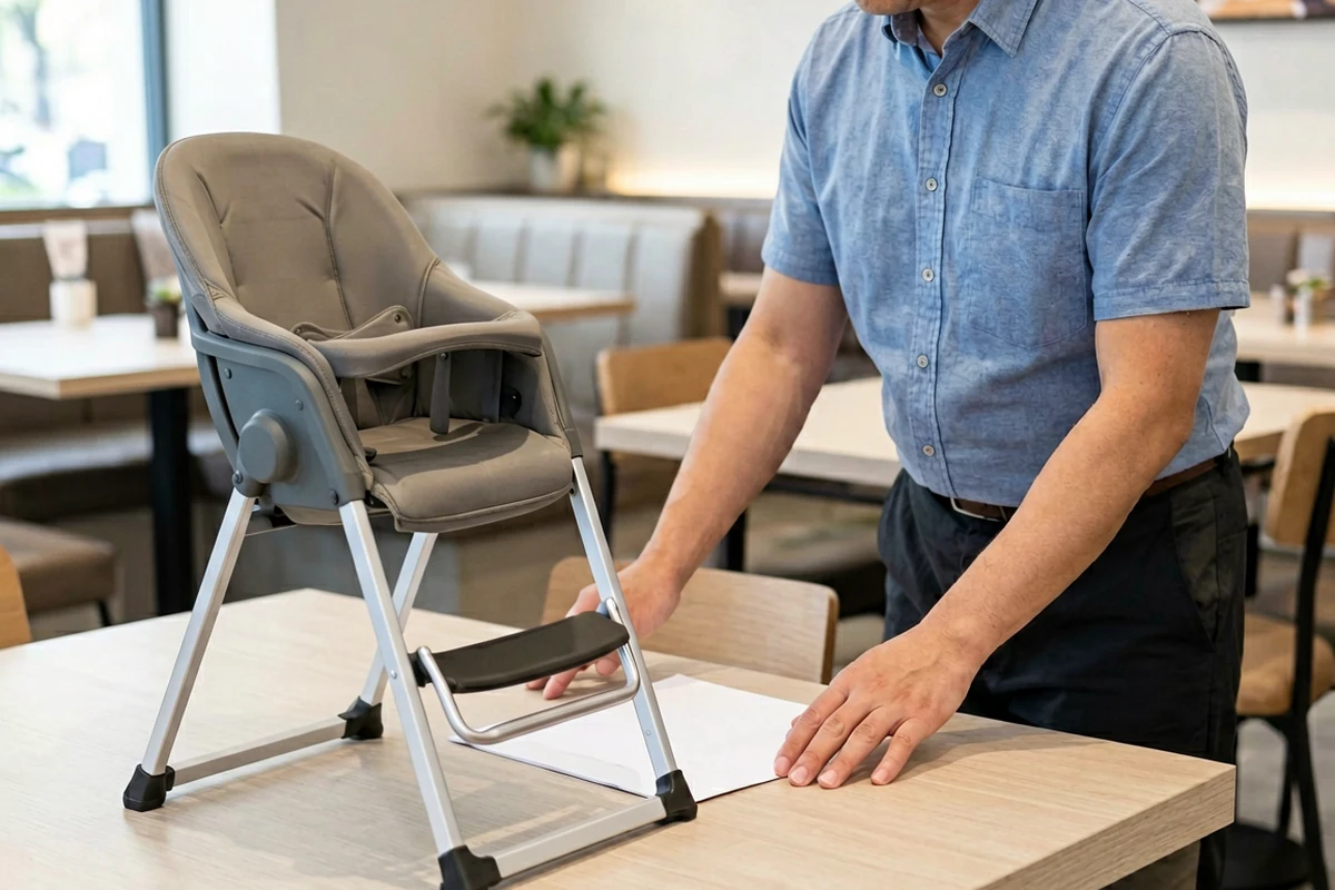 A man demonstrating a foldable grey high chair on a restaurant table.