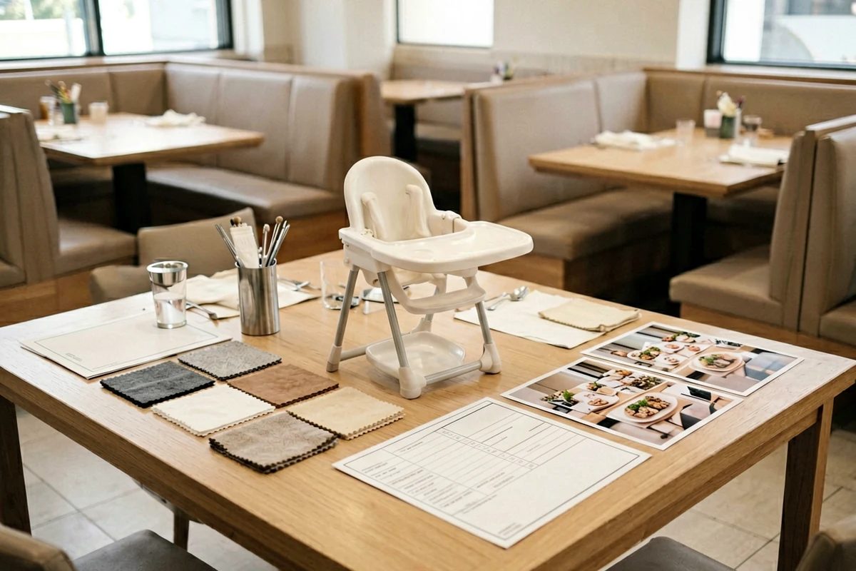 A wooden table set up for selecting restaurant furniture, featuring a white high chair, fabric swatches, and menu photos in a dining booth area.