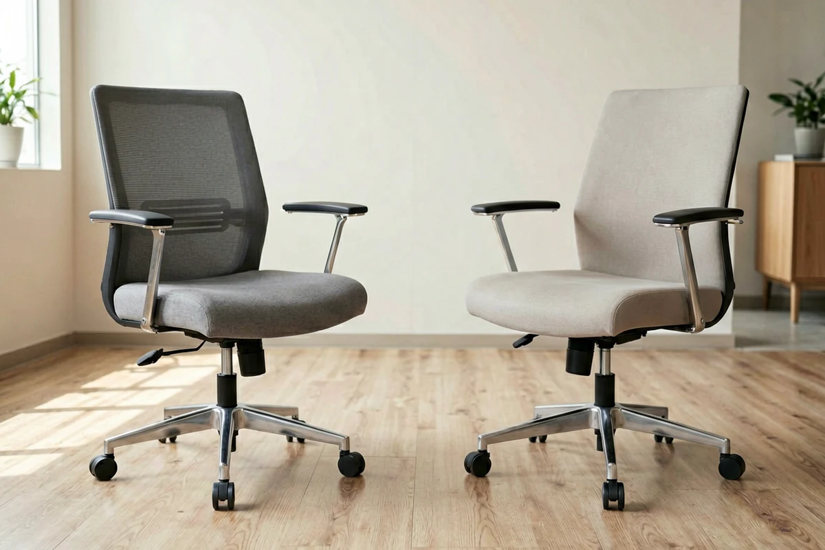 Two modern ergonomic office chairs on a wooden floor, one with a grey mesh back and the other with beige fabric upholstery, suitable for hospitality product approval.